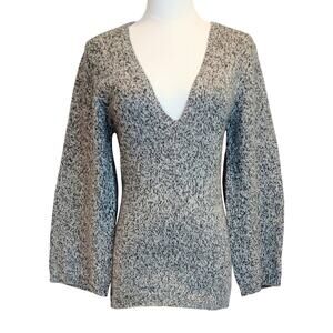 Theory Cashmere Deep V-Neck Wide 3/4 Sleeve Grey Marbled Sweater Size P/TP